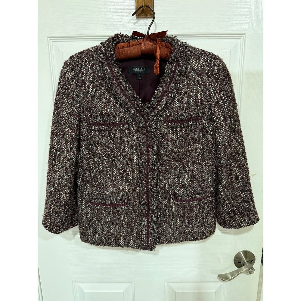 Talbots tweed blazer in a purple, maroon, and white color combination.